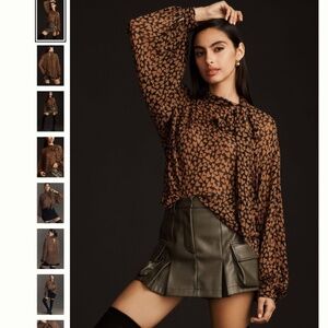 Anthropologie Maeve Sheer Tie-Neck Blouse in Brown Heart Motif, Medium